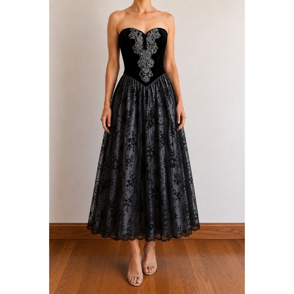Scott McClintock Vintage 80s Velvet Whimsigoth Strapless Formal Dress 10 Beaded